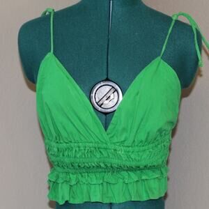 Sim & Sam Green Smocked Ruffle Hem Crop Top Tie Straps Women’s Small